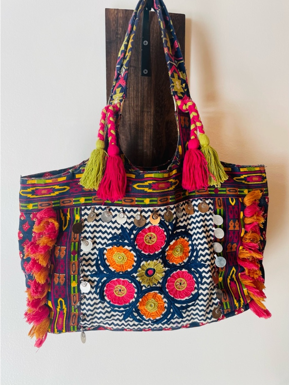 Boho Embroidered Multicolor Tote Bag with Tassels